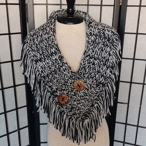Knit Button Collar/scarf/poncho With Fringe.
